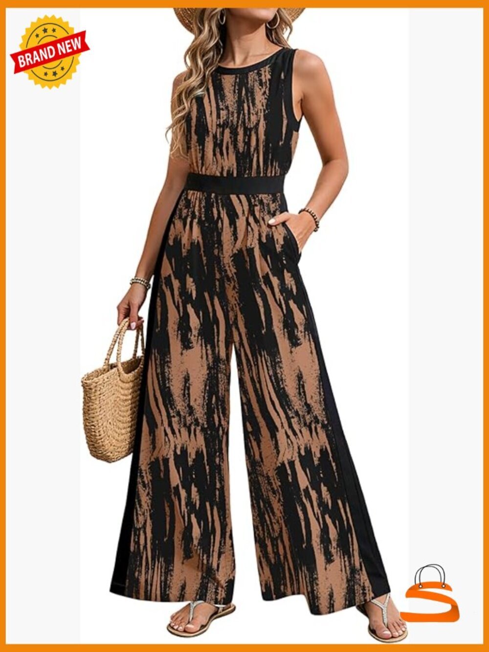 Wide Leg Jumpsuit with Pockets Sleeveless Romper Abstract Print